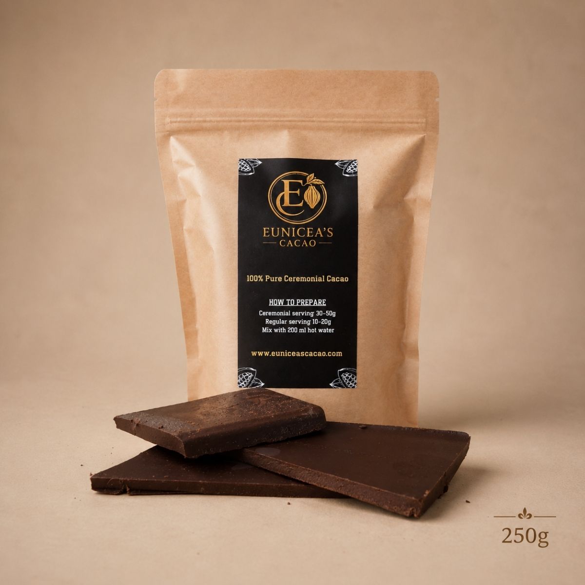 250g pure niet-geroosterde cacao van Eunicea’s Cacao met cacao blokken