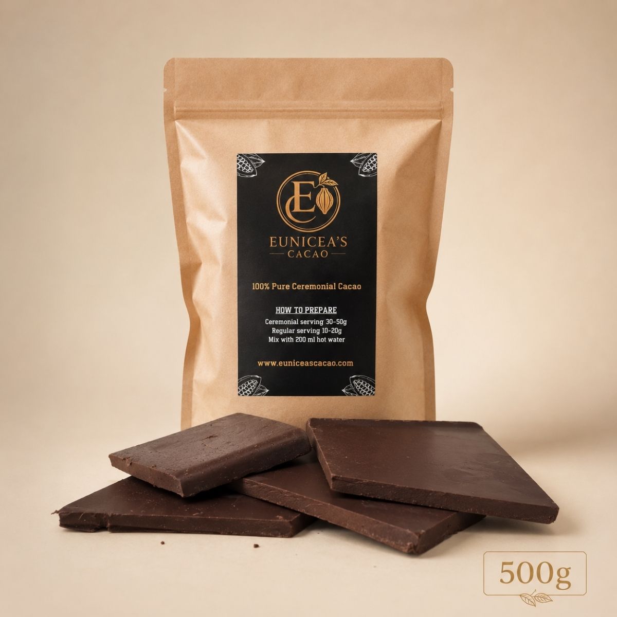 500g pure niet-geroosterde cacao van Eunicea’s Cacao met cacao blokken