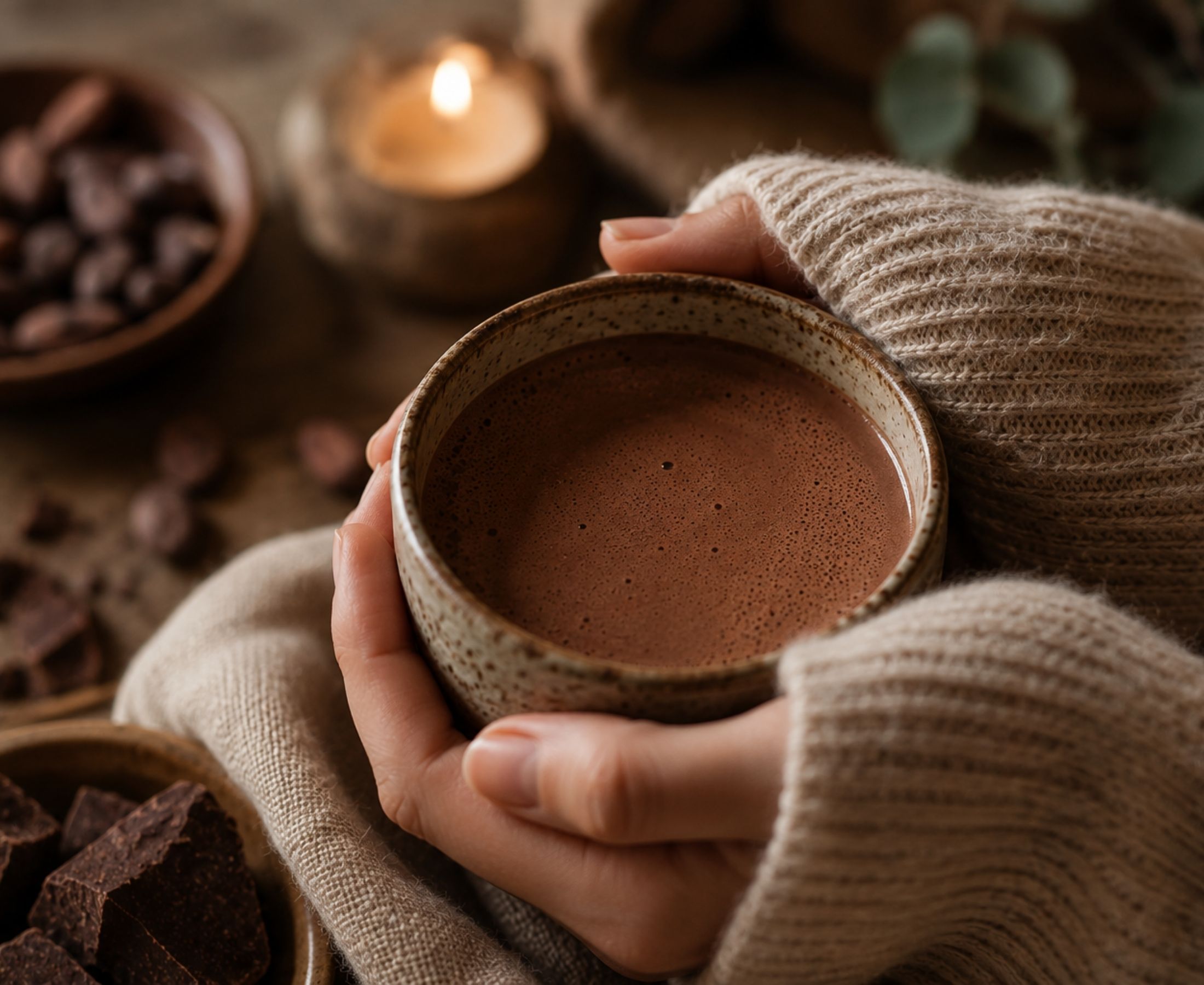 Handen rond een warme kop pure cacao als rustig ritueel