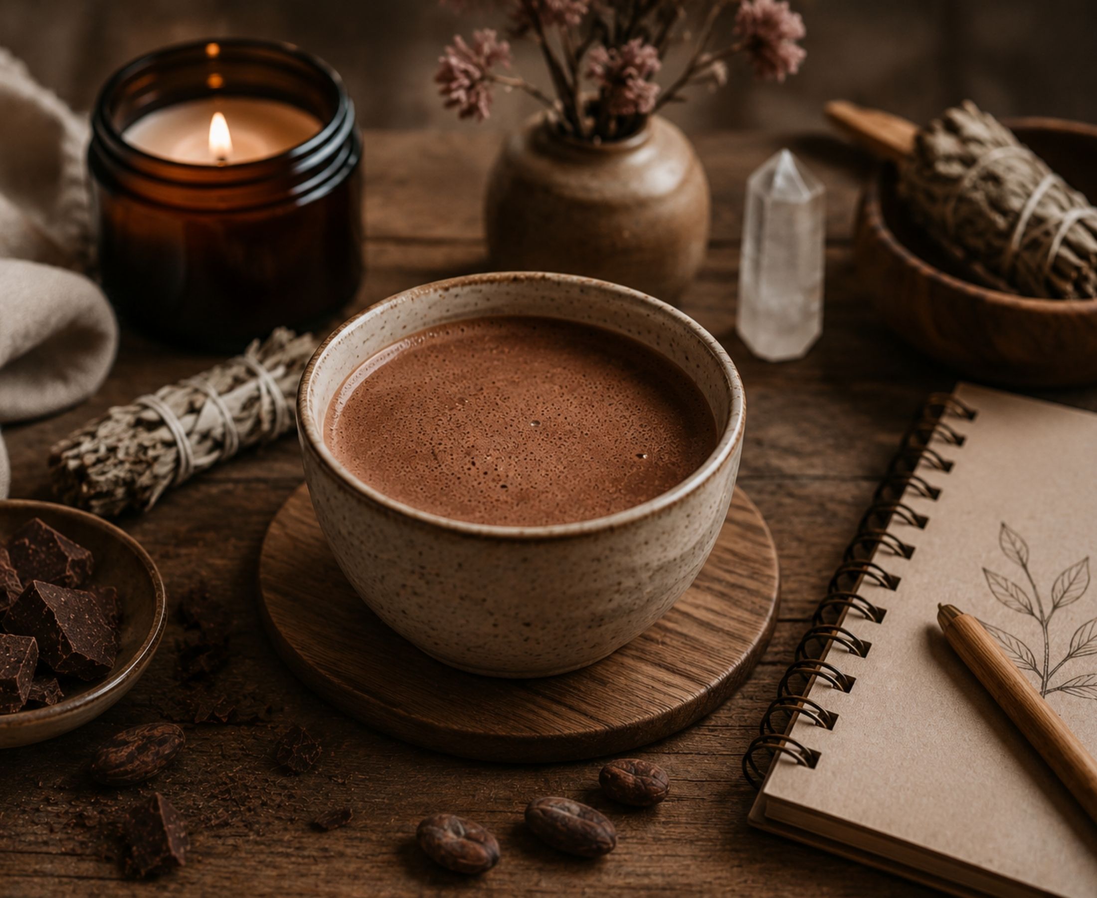 Cacao ritueel thuis met warme kop cacao in een rustige natuurlijke setting