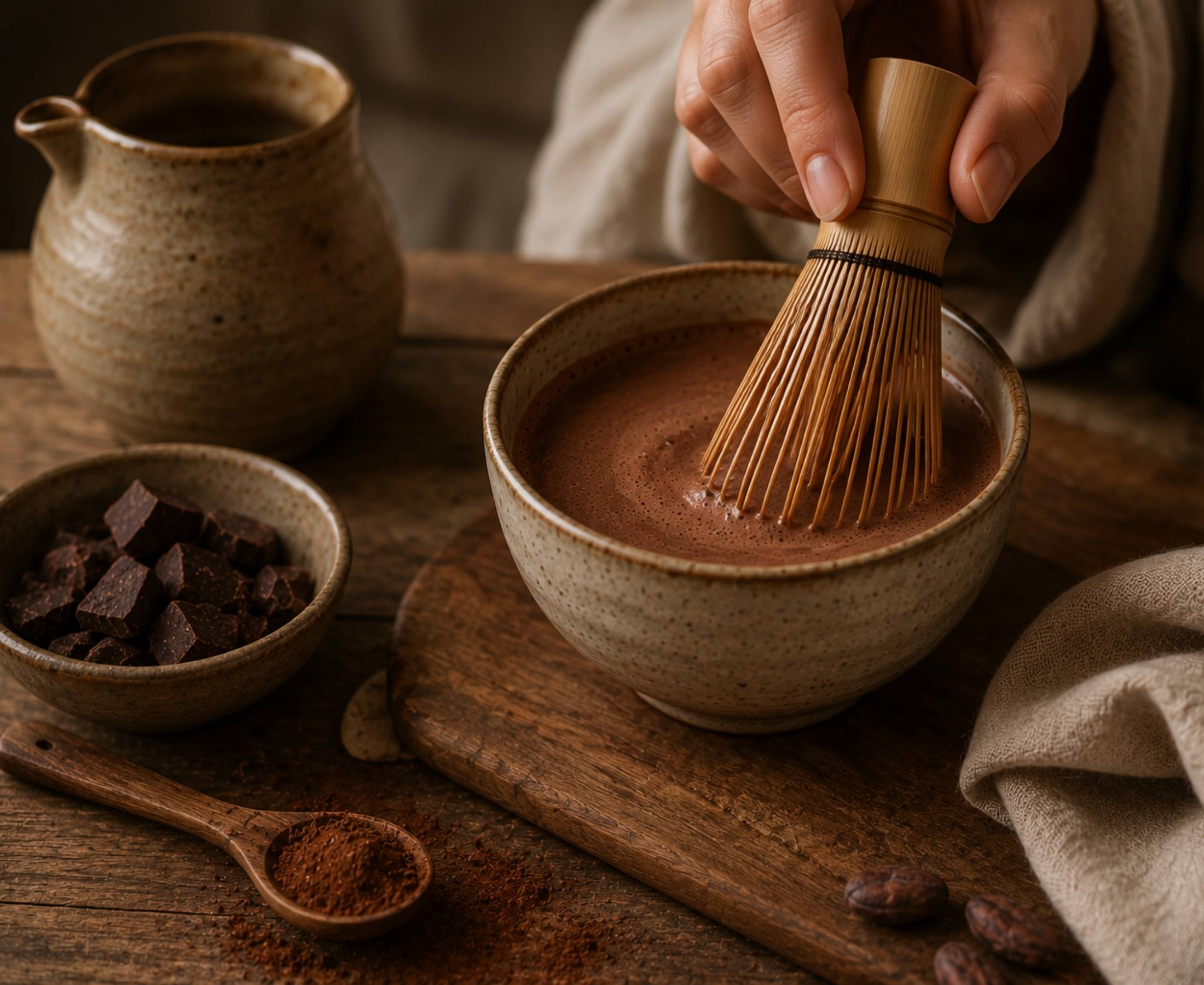 Bereiding van pure ceremoniële cacao met warme kop cacao