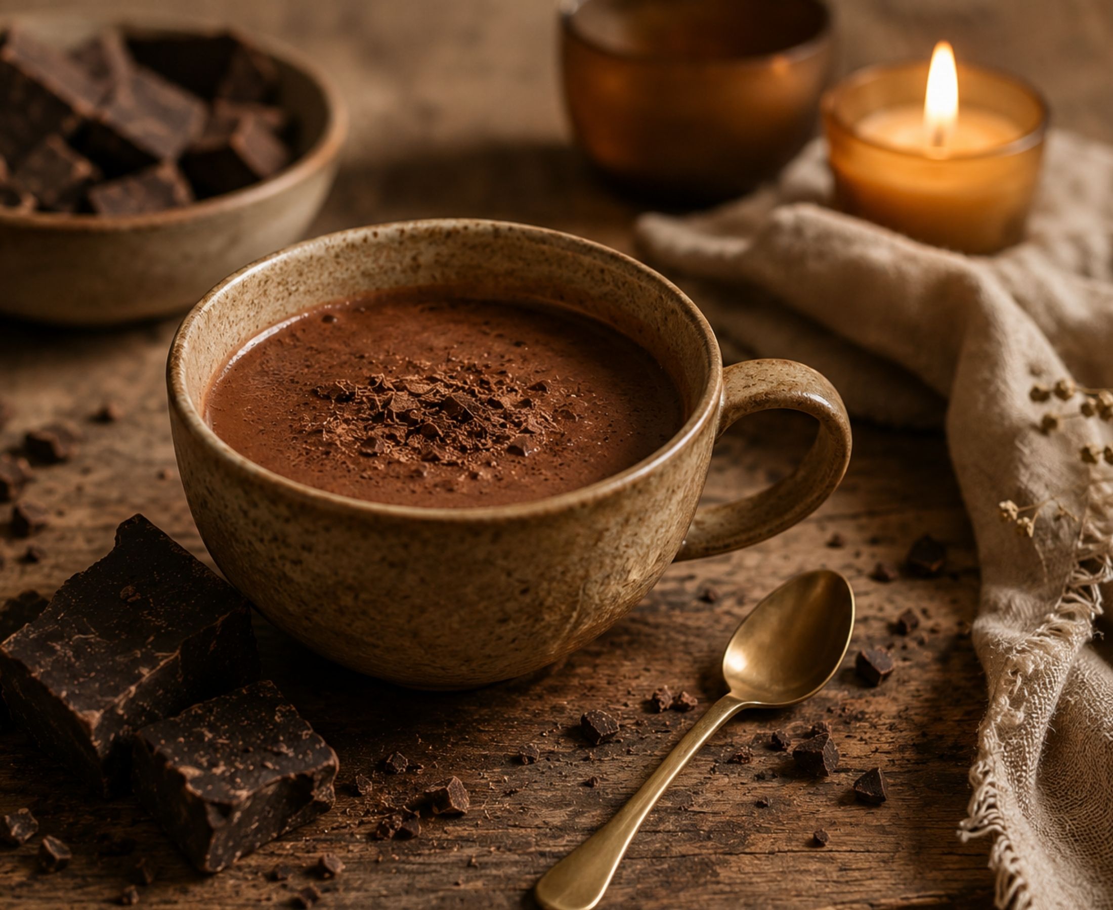 Warme kop pure niet-geroosterde cacao als ritueel met cacao blokken en kaarslicht