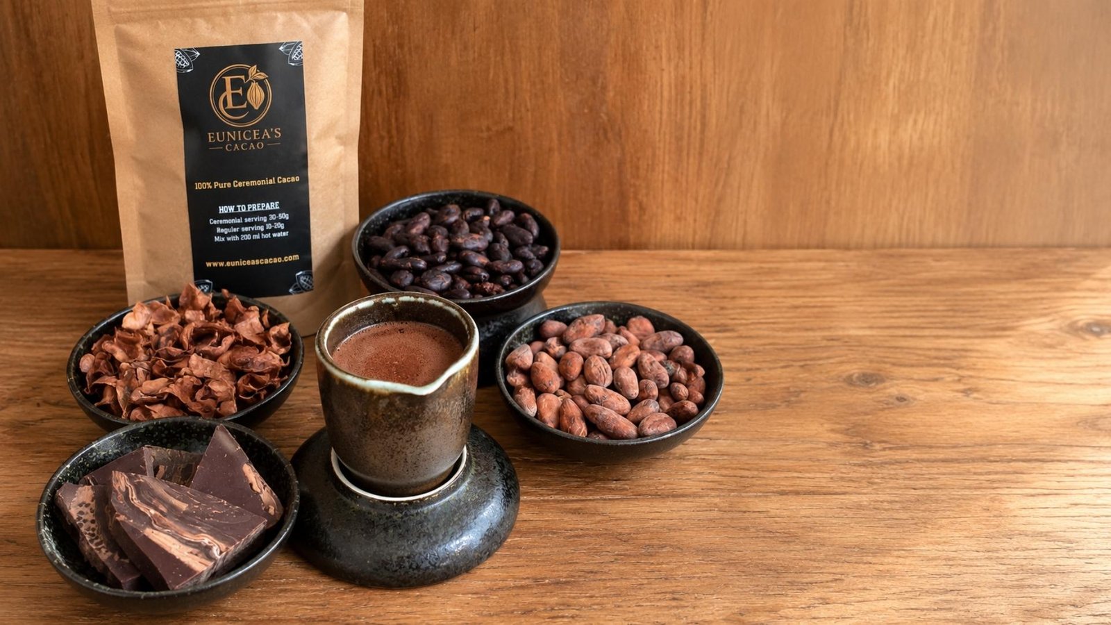 Eunicea's Cacao starterspakket met pure cacao, cacaobonen en cacaothee